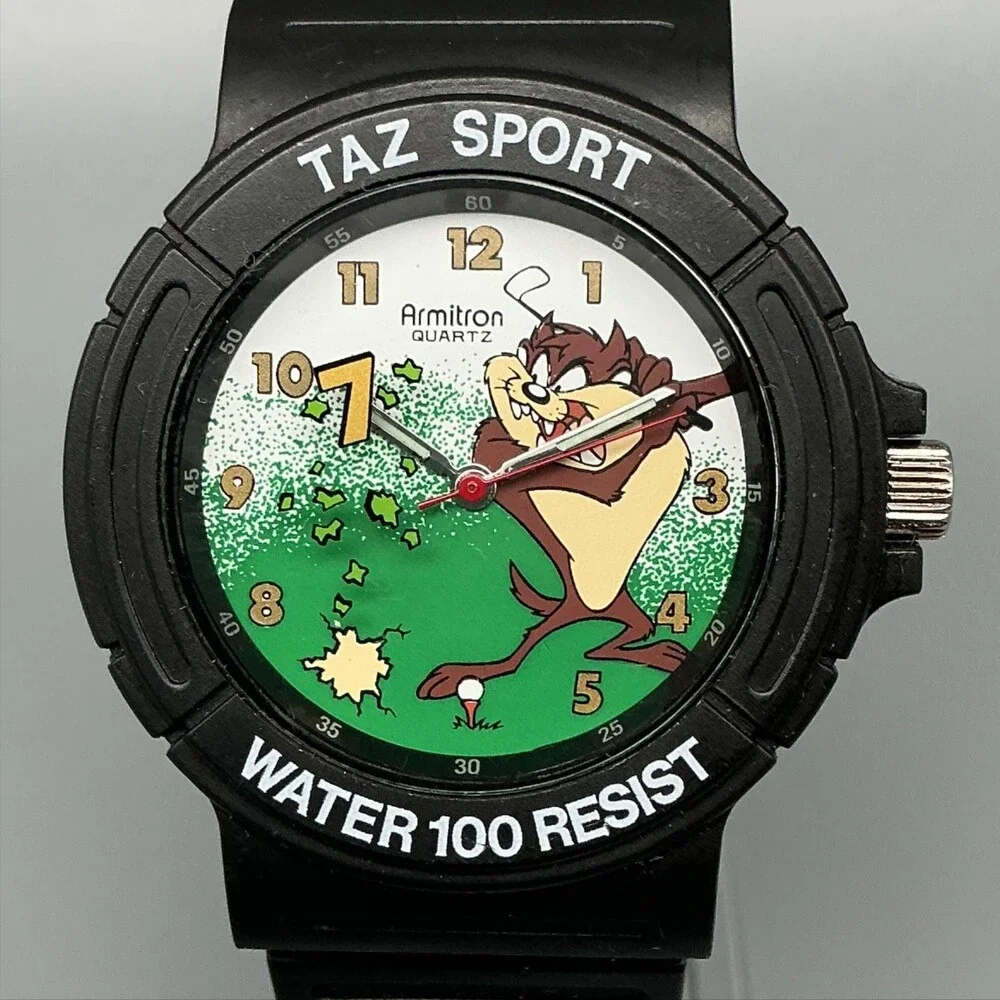 Vintage Armitron Taz Boys Watch 36mm Looney Tunes Black Rubber Sport New Battery